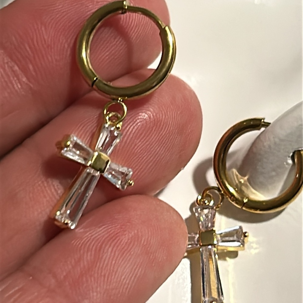 Baguette‎ Inlaid Zirconia Stainless Steel Gold Tone Dangle Cross Earrings NEW